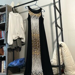 Floor length dress, black with animal print
